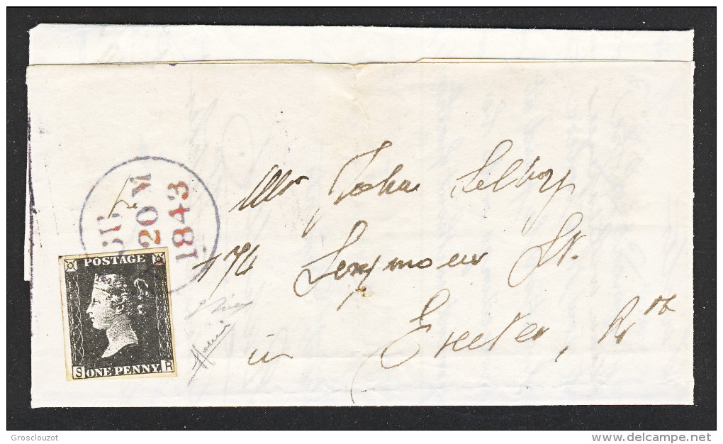 FALSO D'AUTORE - UK 1843 Piego Dudley-Exeter Con N 1 P. Black  SR Bei Margini E Raro Annullo Circolare - Storia Postale