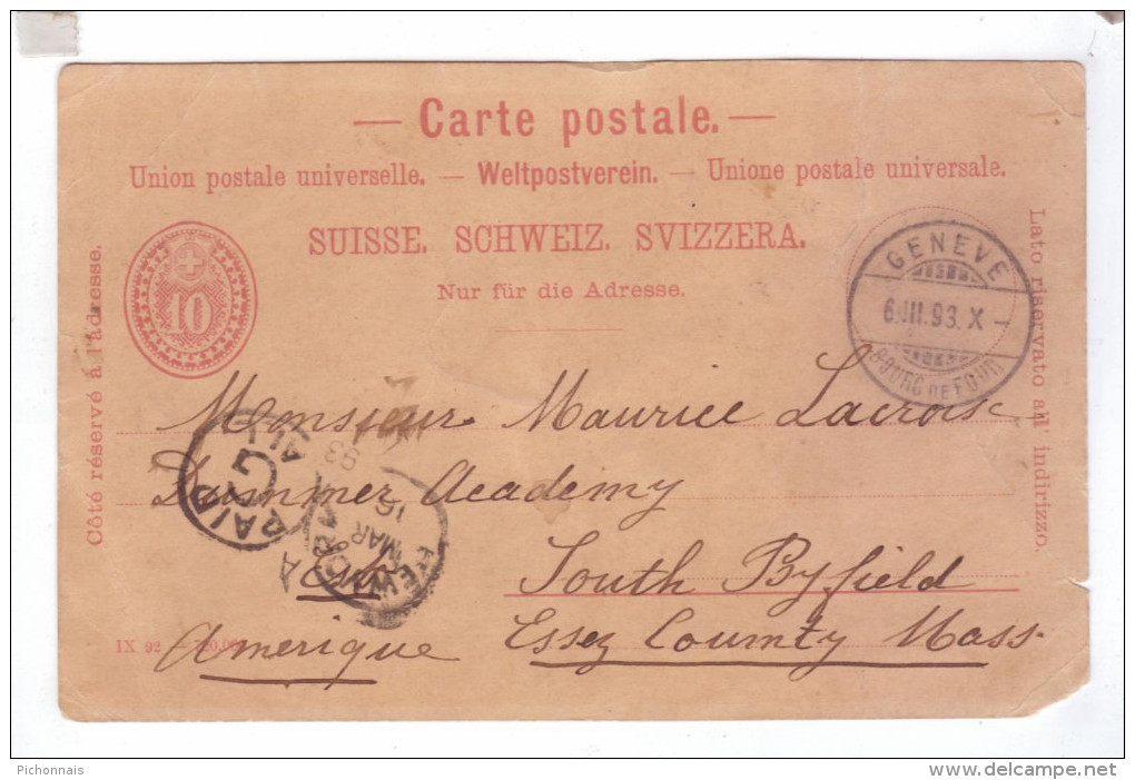 Entier Postal Suisse Union Postale Universelle Geneve Postal Marking G 1893 - Entiers Postaux