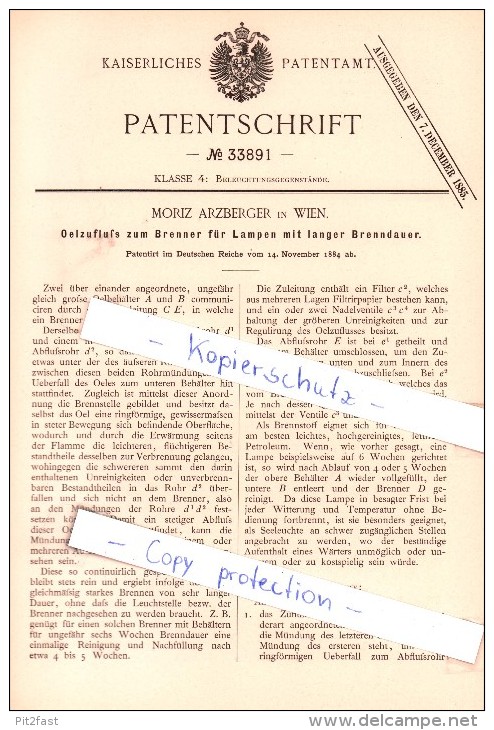 Original Patent - Moriz Arzberger In Wien , 1884 , Oelzufluß Zum Brenner Für Lampen Mit Langer Brenndauer !!! - Leuchten & Kronleuchter