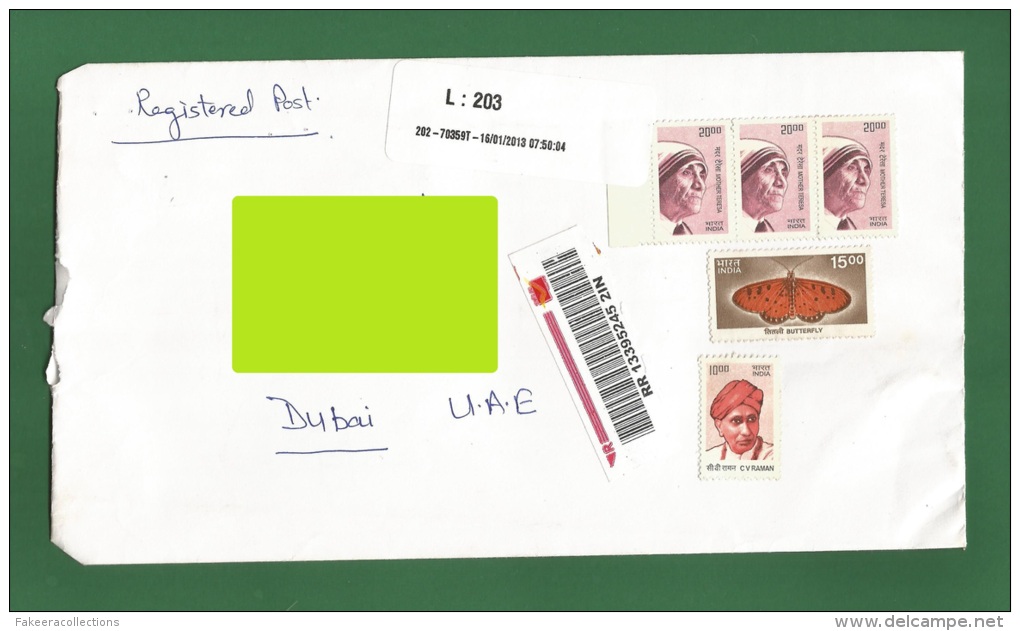 INDIA 2013 - REGISTERED POSTAL USED COVER TO DUBAI UAE / EMIRATES ARABES - Stamps Not Cancelled By Post - As Scan - Lettres & Documents