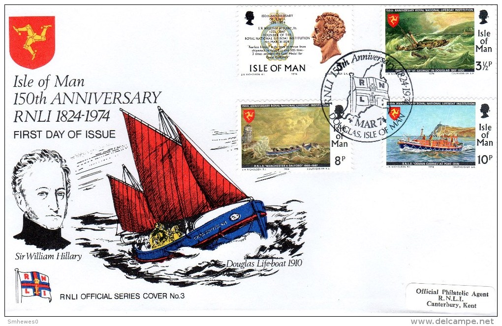 FDC - Isle Of Man 150th Anniversary 1824-1974, RNLI Official Series Cover No.3 - Maritime