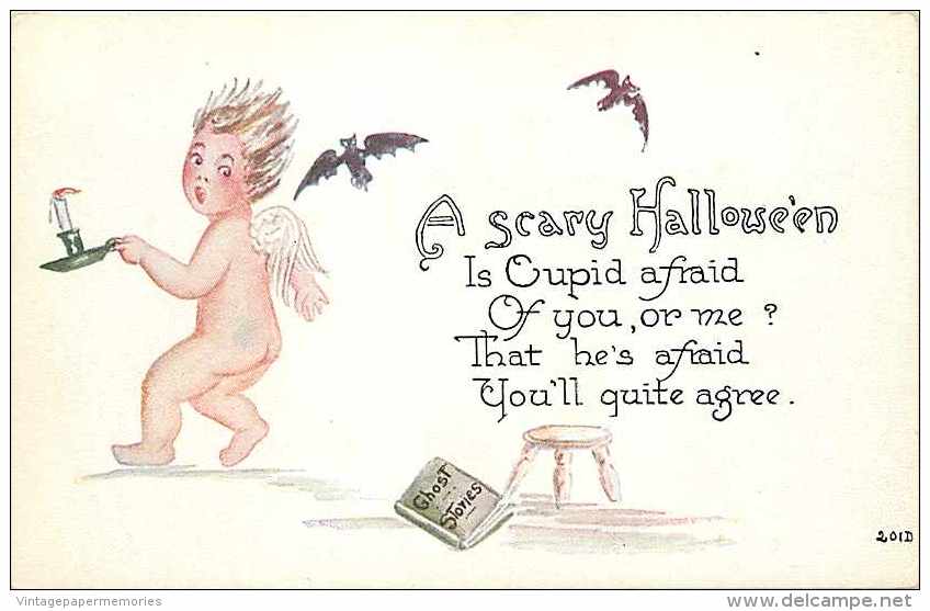 234191-Halloween, FA Owen No 201D, Cupid Holding Candle Getting Scared By Flying Bats - Halloween