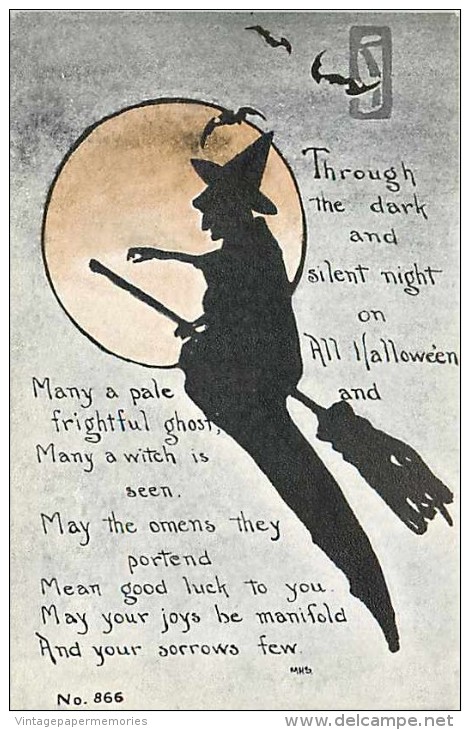 234213-Halloween, FA Owen No 866, Artist MHS, Witch On Broom Silhouette In Front Of Full Moon - Halloween