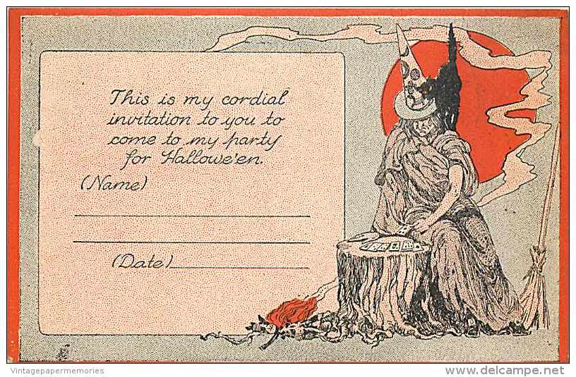 234223-Halloween, FA Owen No FAO01-1, Invitation To Party, Witch With Black Cat On Shoulder Playing Cards On Stump - Halloween