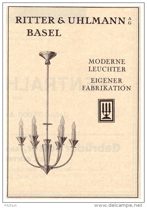 Original Werbung - 1927 - Ritter & Uhlmann In Basel , Leuchter , Lampen !!! - Luminaires & Lustres