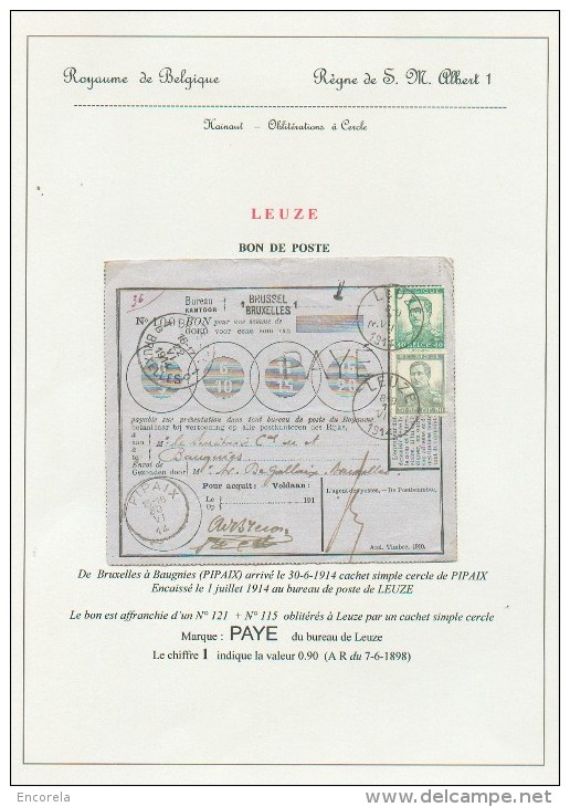 N°115-121 Obl. Sc LEUZE 1-VII-1914 S/Bon De Poste Avec Cachet De PIPAIX Du 30-VI-1914 Et Sc BRUXELLES 22-VI-1914 + Griff - 1912 Pellens