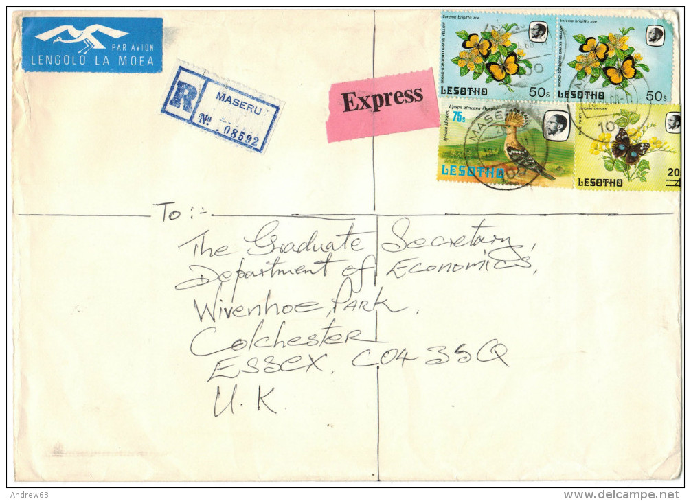 Lesotho - 1988 - Registered Airmail - Butterflies + Upupa - Viaggiata Da Maseru Per Colchester, England - Lesotho (1966-...)