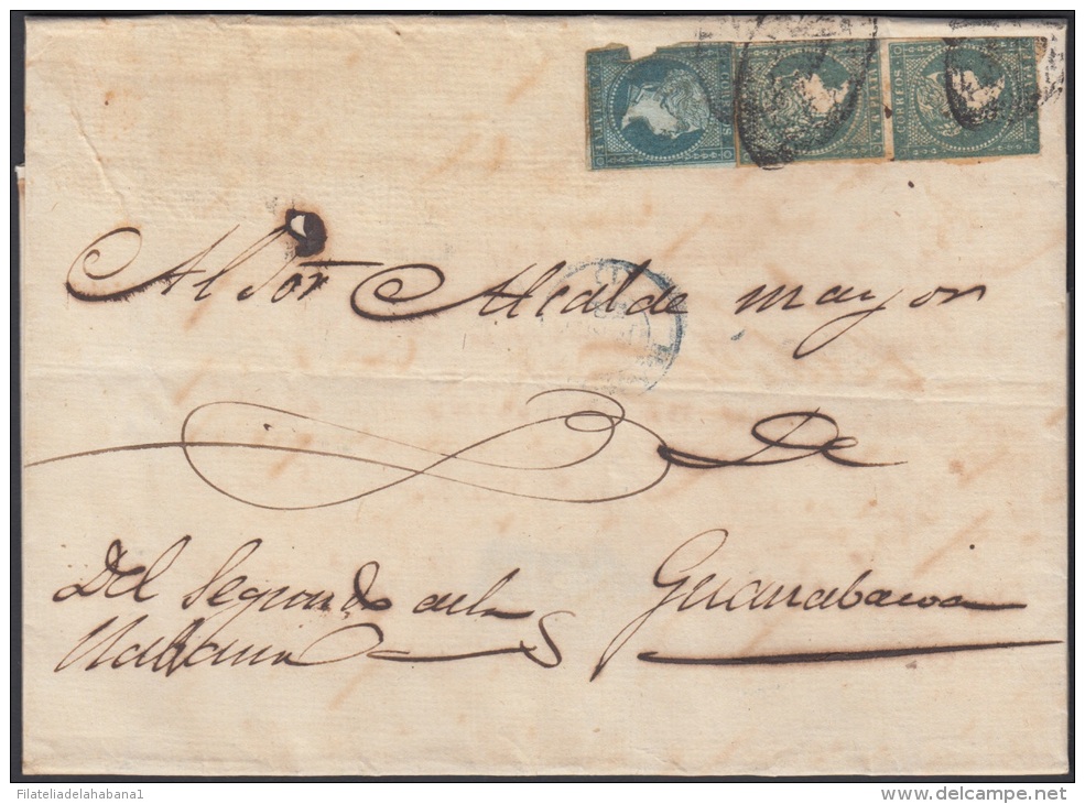 1855-H-31 CUBA ESPAÑA SPAIN. ANTILLAS. ISABEL II. 1855. Ant. Ed.1, 4. &frac12; Rs VERDE. TRIPLE PORTE - Voorfilatelie