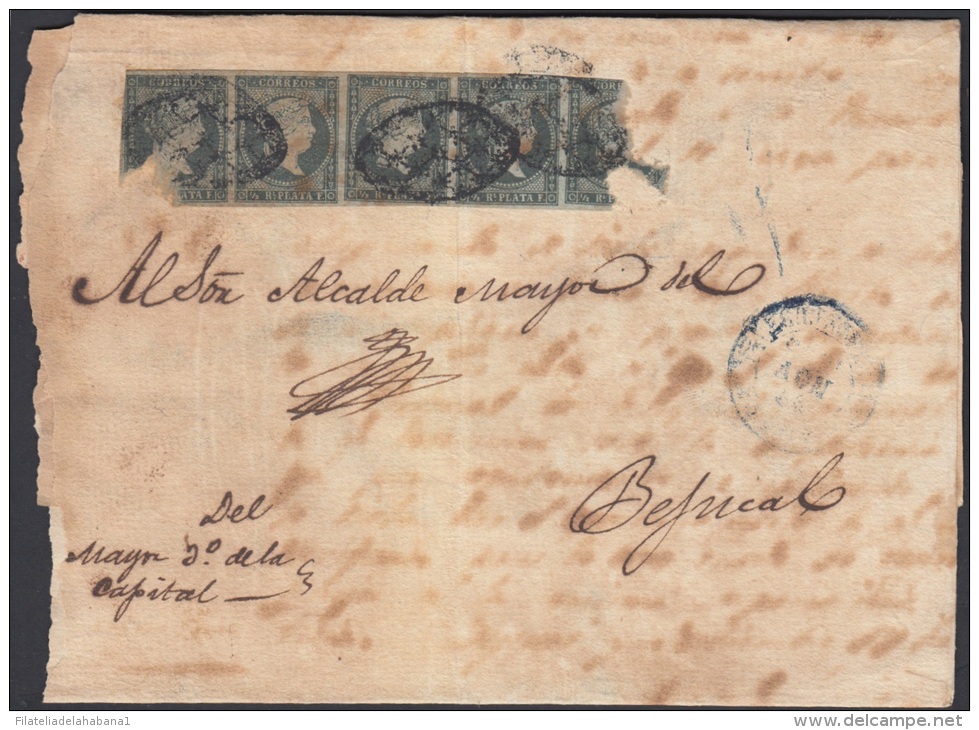 1855-H-32 CUBA ESPAÑA SPAIN. ANTILLAS. ISABEL II. 1855. Ant. Ed.1. &frac12; Rs VERDE. PORTE MULTIPLE. DEFECTOS VISIBLES - Prefilatelia