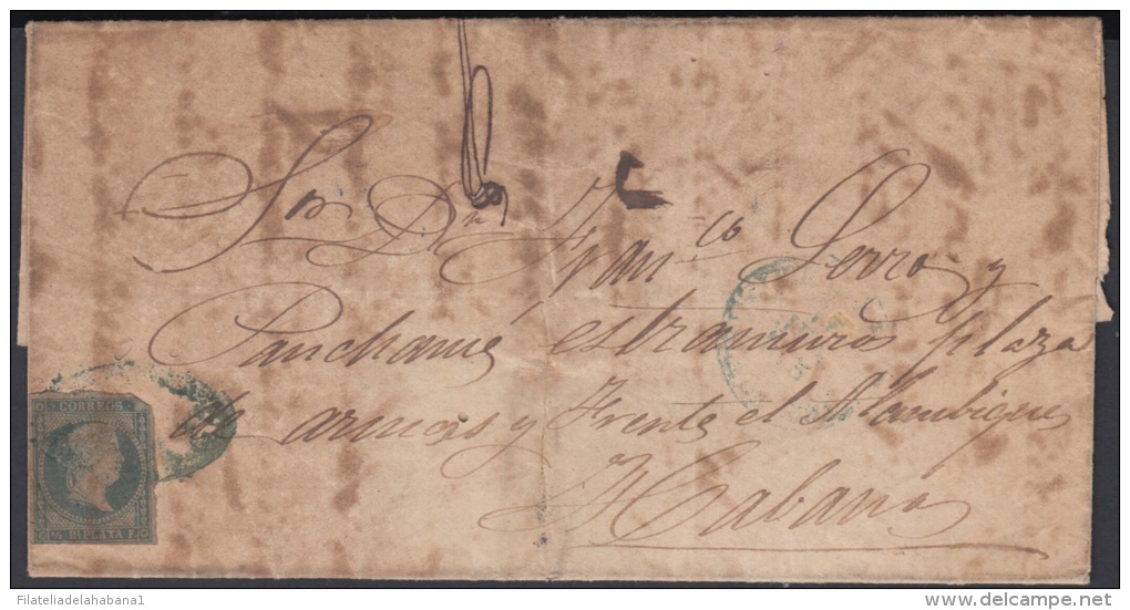 1855-H-33 CUBA ESPAÑA SPAIN. ANTILLAS. ISABEL II. 1855. Ant. Ed.1. &frac12; Rs VERDE AZUL. PARRILA EN VERDE. RARO. - Prefilatelia