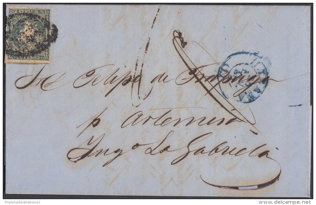 1856-H-28 CUBA ESPAÑA SPAIN. ANTILLAS. ISABEL II. 1856. Ant. Ed.4. &frac12; Rs. CARTA PRIVADA AL INGENIO LA GABRIELA - Prefilatelia