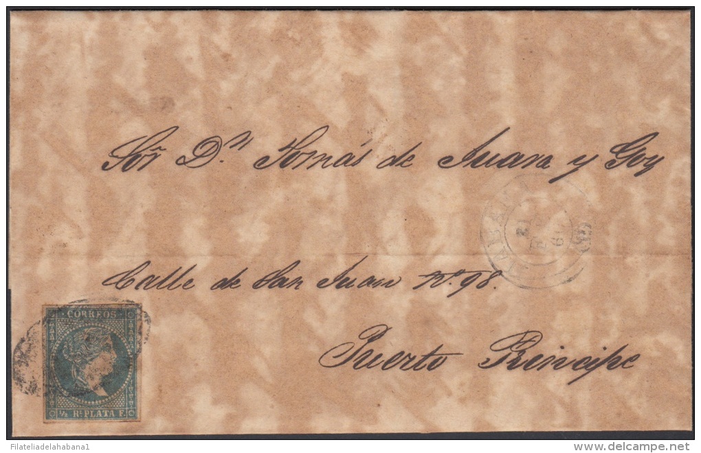 1857-H-132 CUBA ESPAÑA SPAIN. ANTILLAS. ISABEL II. 1857. Ant. Ed.7. &frac12; Rs. SIN FILIGRANA CARTA PRIVADA. 1860. - Vorphilatelie