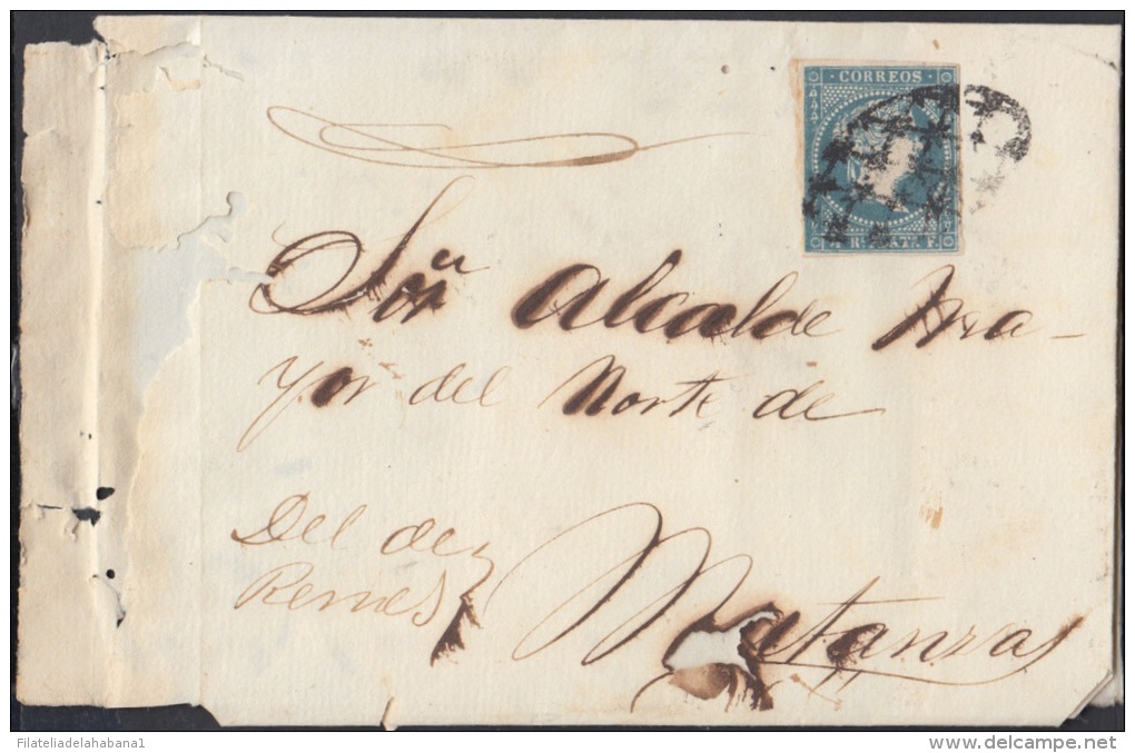 1857-H-134 CUBA ESPAÑA SPAIN. ANTILLAS. ISABEL II. 1857. Ant. Ed.7. &frac12; Rs. SIN FILIGRANA. CARTA DE REMEDIOS A MATA - Prefilatelia