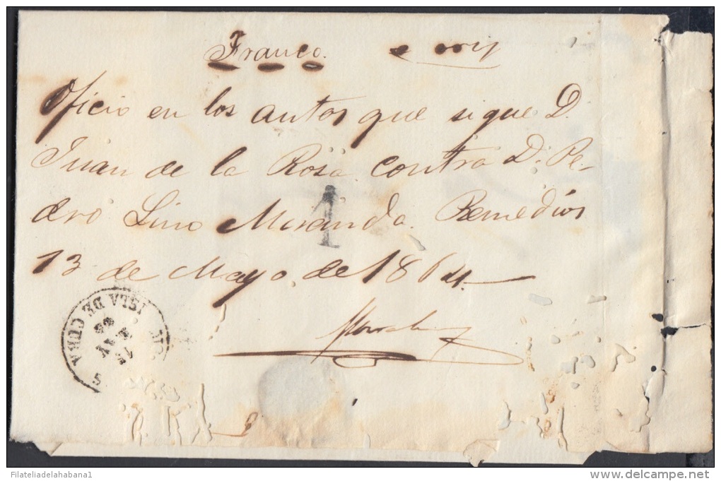 1857-H-134 CUBA ESPAÑA SPAIN. ANTILLAS. ISABEL II. 1857. Ant. Ed.7. &frac12; Rs. SIN FILIGRANA. CARTA DE REMEDIOS A MATA - Prefilatelia