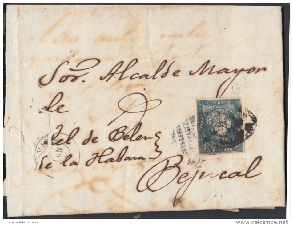 1857-H-140 CUBA ESPAÑA SPAIN. ANTILLAS. ISABEL II. 1857. Ant. Ed.7. &frac12; Rs. MARCA PARRILLA DE GUIONES. - Voorfilatelie