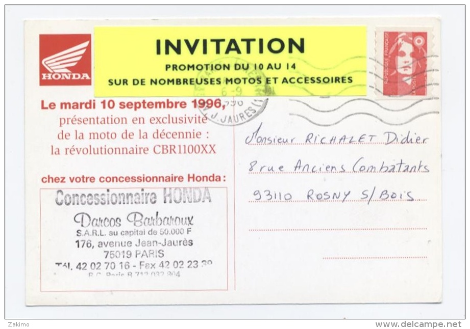 75-MOTO HONDA CBR 1100XX INVITATION CONCESSIONNAIRE PARIS 19 -RECTO/VERSO -C10 - Arrondissement: 19