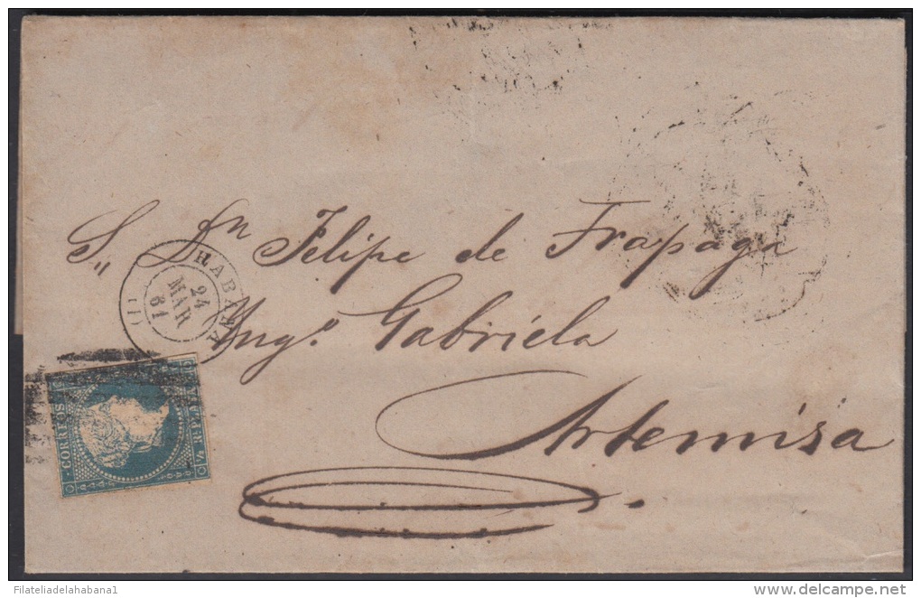 1857-H-141 CUBA ESPAÑA SPAIN. ANTILLAS. ISABEL II. 1857. Ant. Ed.7. &frac12; Rs. &ldquo;CORRFOS&rdquo;. 1860. PARRILLA D - Prefilatelia