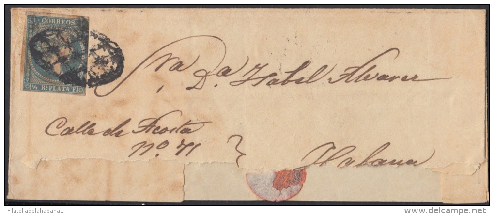 1857-H-146 CUBA ESPAÑA SPAIN. ANTILLAS. ISABEL II. 1857. Ant. Ed.7. &frac12; Rs. DEFECTOS VISIBLES. - Prefilatelia