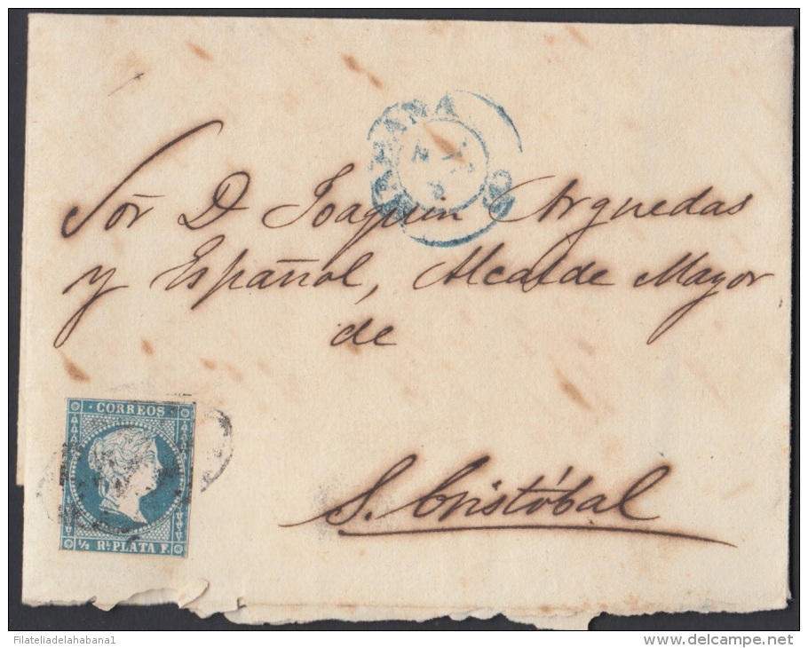 1857-H-151 CUBA ESPAÑA SPAIN. ANTILLAS. ISABEL II. 1857. Ant. Ed.7. &frac12; Rs. MARCA HABANA (1) AZUL. - Vorphilatelie