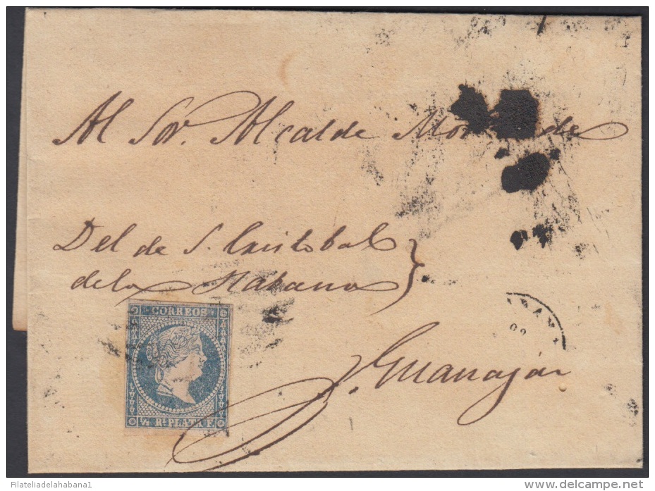 1857-H-155 CUBA ESPAÑA SPAIN. ANTILLAS. ISABEL II. 1857. Ant. Ed.7. &frac12; Rs AZUL. TERCER MOLDE. - Prefilatelia