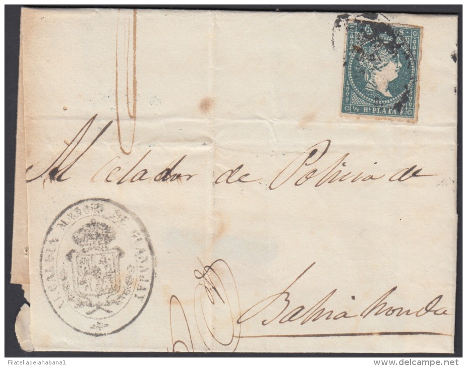 1857-H-157 CUBA ESPAÑA SPAIN. ANTILLAS. ISABEL II. 1856. Ant. Ed.4. &frac12; Rs VERDE AZUL. FILIGRANA LINEAS CRUZADAS. I - Prefilatelia