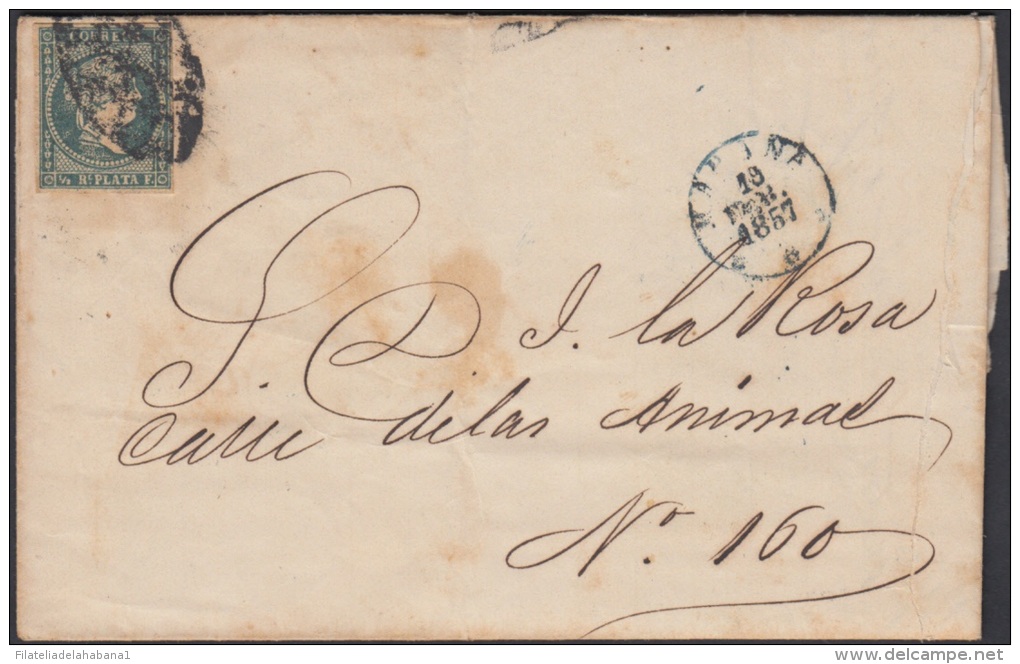 1857-H-159 CUBA ESPAÑA SPAIN. ANTILLAS. ISABEL II. 1856. Ant. Ed.4. &frac12; Rs VERDE. FILIGRANA LINEAS CRUZADAS. MARCA - Vorphilatelie