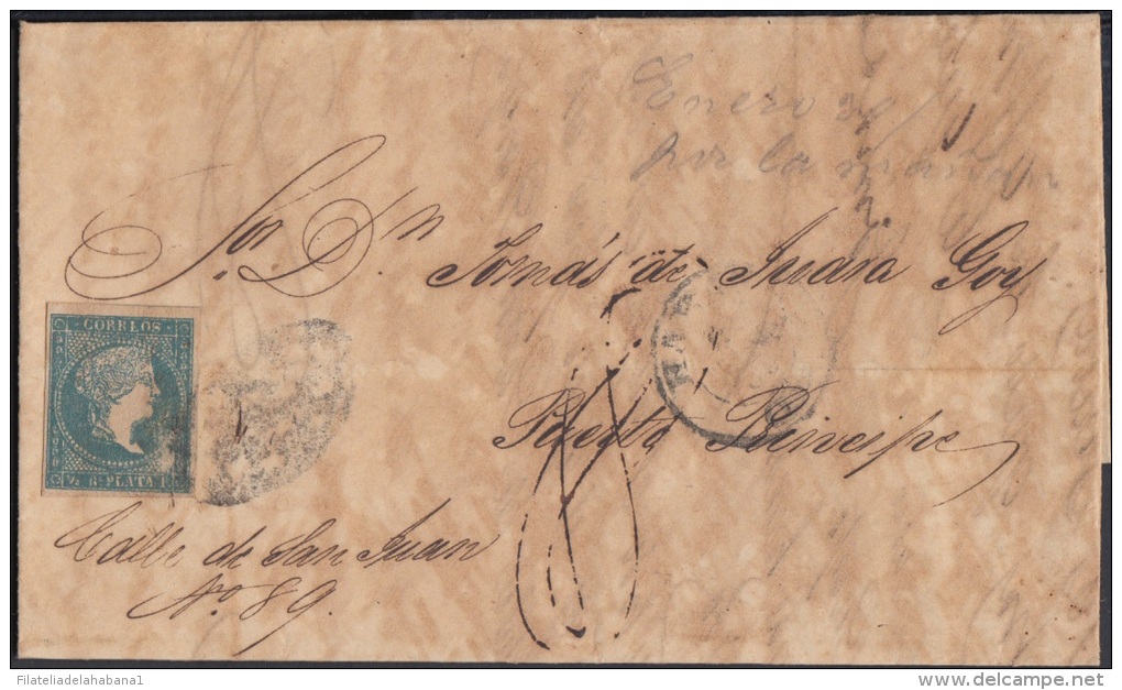 1857-H-170 CUBA ESPAÑA SPAIN. ANTILLAS. ISABEL II. 1857. Ant. Ed.7. &frac12; Rs. SEGUNDO MOLDE MUY TUPIDO. VARIEDAD &ldq - Prefilatelia