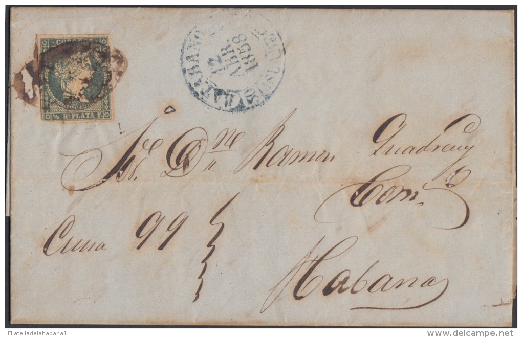 1857-H-172 CUBA ESPAÑA SPAIN. ANTILLAS. ISABEL II. 1856. Ant. Ed.4. &frac12; Rs VERDE OLIVA. FILIGRANA LINEAS CRUZADAS. - Voorfilatelie