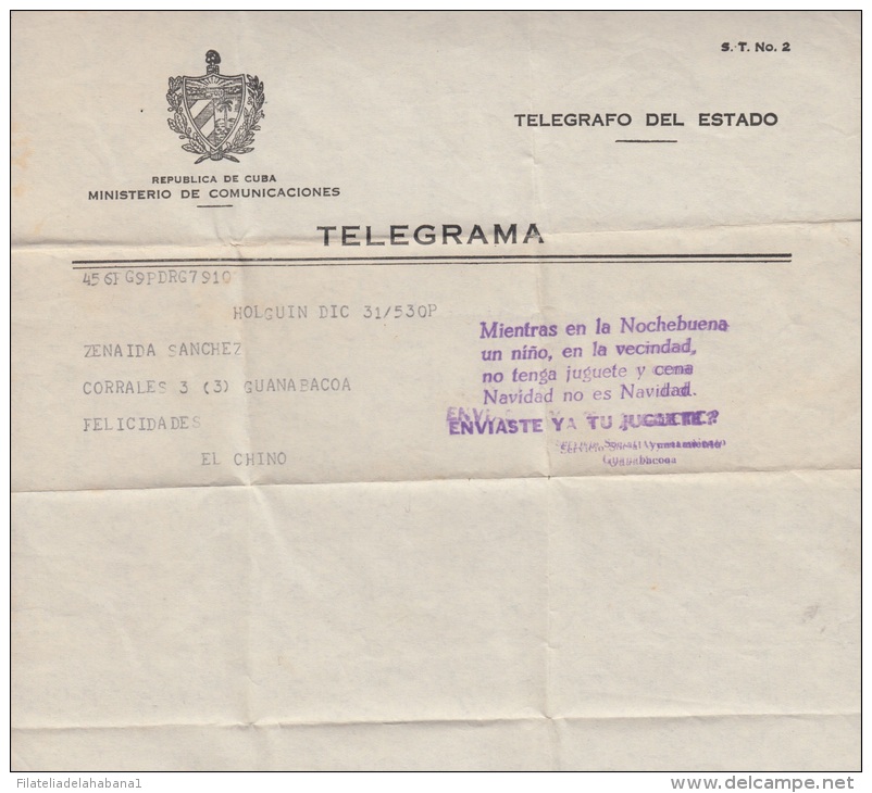 TELEG-6 CUBA. TELEGRAFO DE ESTADO. TELEGRAPH. SOBRE DE TELEGRAMA. TELEGRAM. 1953. TIPO VI. CON MODELO. - Télégraphes