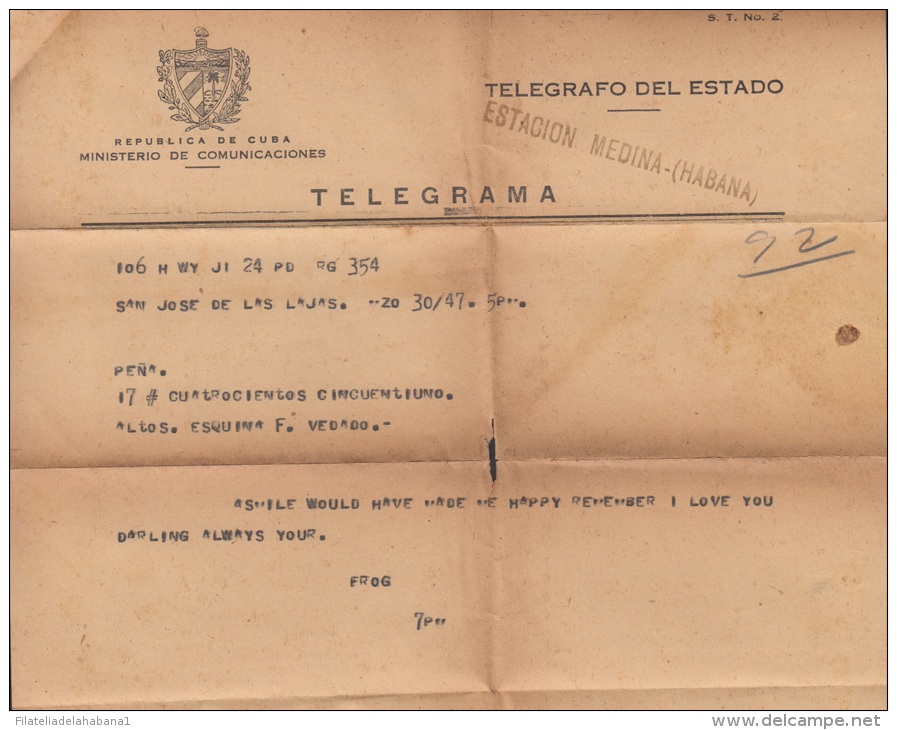 TELEG-7 CUBA. TELEGRAFO DE ESTADO. TELEGRAPH. SOBRE DE TELEGRAMA. TELEGRAM. 1947. TIPO VII. CON MODELO. - Telegrafo