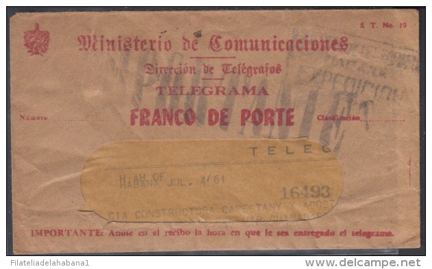 TELEG-9 CUBA. TELEGRAPH. SOBRE DE TELEGRAMA. TELEGRAM. CIRCA 1961. TIPO IX. URGENTE. CON MODELO. - Telegrafo