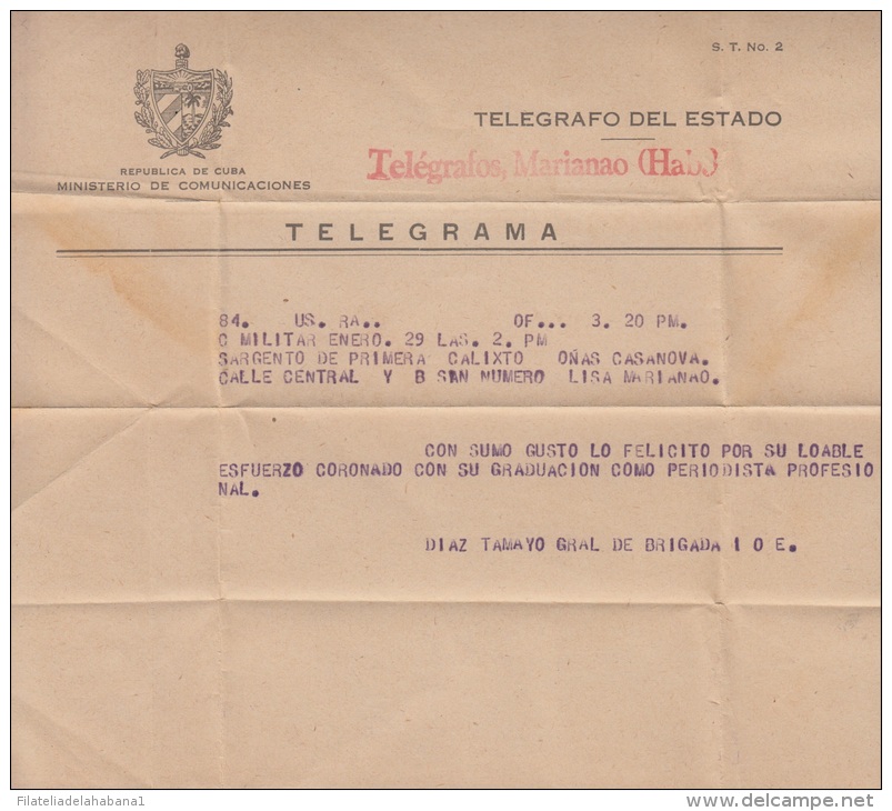 TELEG-10 CUBA. TELEGRAFO DE ESTADO. TELEGRAPH. SOBRE DE TELEGRAMA. TELEGRAM. CIRCA 1950. TIPO X. CON MODELO. - Telegraph