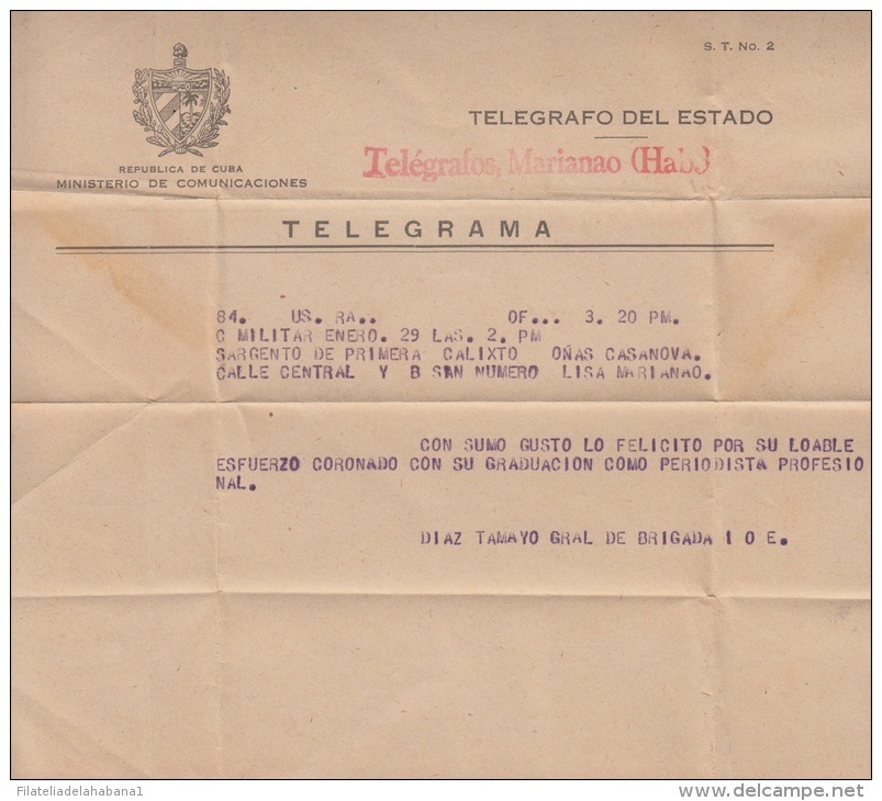 TELEG-10 CUBA. TELEGRAFO DE ESTADO. TELEGRAPH. SOBRE DE TELEGRAMA. TELEGRAM. CIRCA 1950. TIPO X. CON MODELO. - Télégraphes