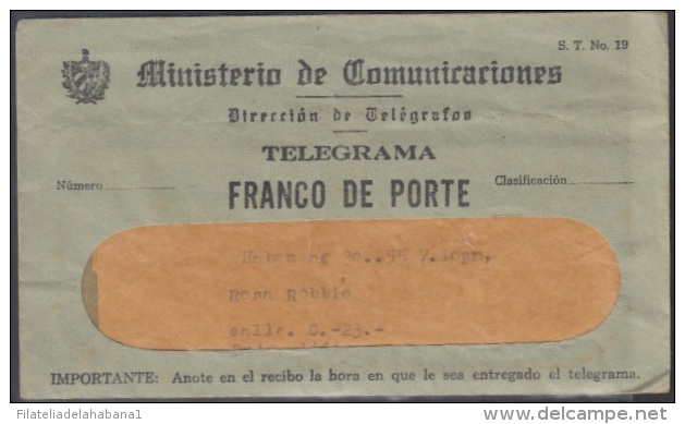 TELEG-11 CUBA. TELEGRAFO DE ESTADO. TELEGRAPH. SOBRE DE TELEGRAMA. TELEGRAM. 1955. TIPO X. CON MODELO. - Télégraphes