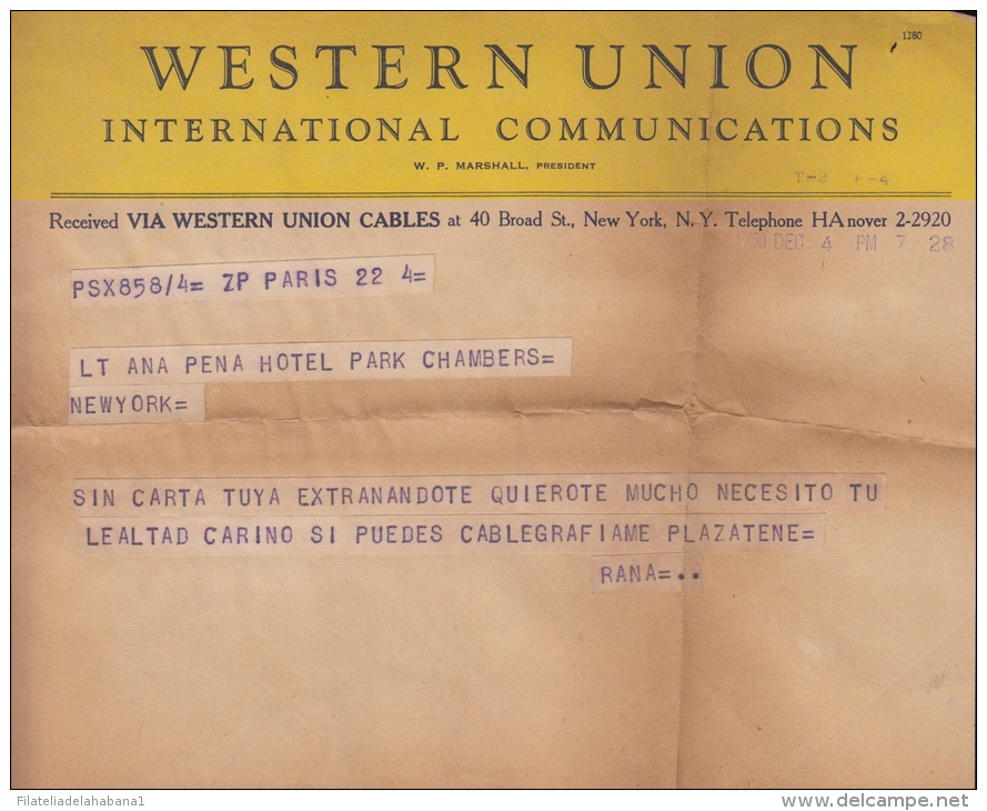 TELEG-17 CUBA. WESTERN UNION CABLEGRAM. TELEGRAPH. TELEGRAMA. TELEGRAM. 1950. CON CONTENIDO. TIPO XIV. - Telégrafo