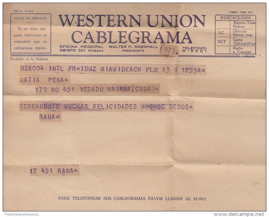 TELEG-18 CUBA. WESTERN UNION CABLEGRAM. TELEGRAPH. TELEGRAMA. TELEGRAM. 1950. CON CONTENIDO. TIPO XV. - Telegraph