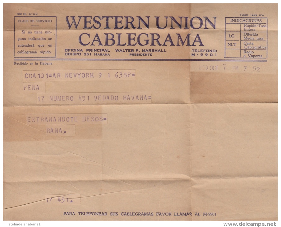 TELEG-19 CUBA. WESTERN UNION CABLEGRAM. TELEGRAPH. TELEGRAMA. TELEGRAM. 1950. CON CONTENIDO. TIPO XV. - Telegrafo