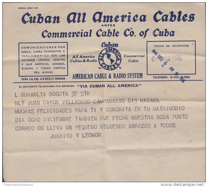 TELEG-20 CUBA. ALL AMERICA CABLE. TELEGRAPH. TELEGRAMA. TELEGRAM. 1946. CON CONTENIDO. TIPO XVI. - Telegrafo