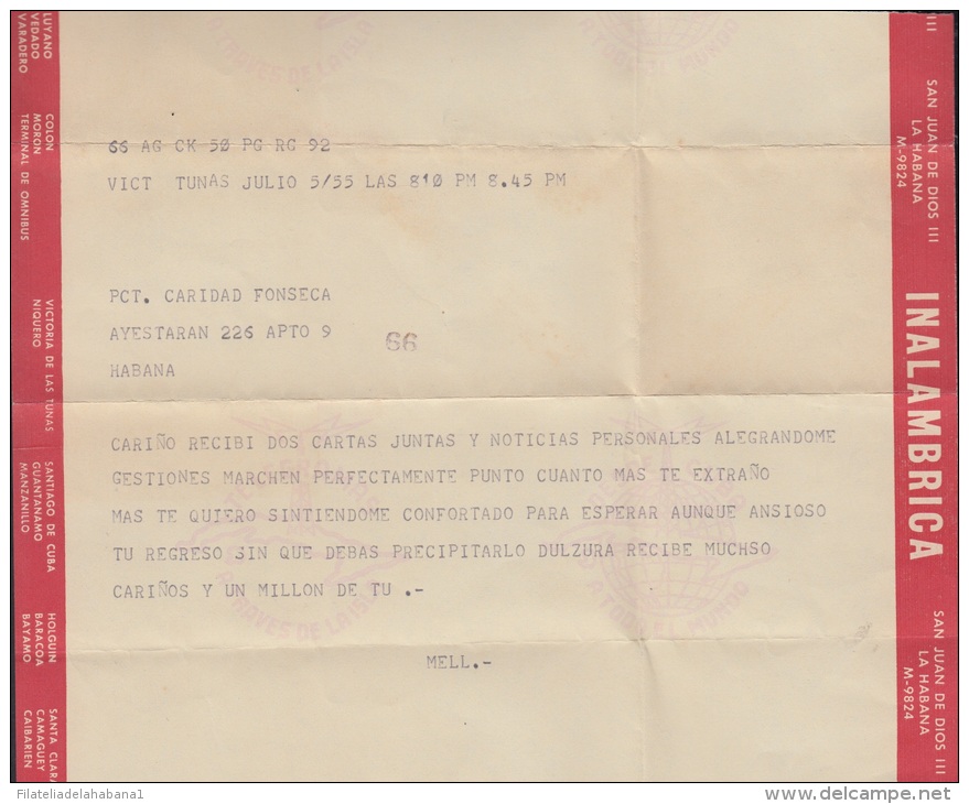 TELEG-21 CUBA. CORPORACION INALAMBRICA. TELEGRAPH. TELEGRAMA. TELEGRAM. 1955. CON CONTENIDO. TIPO XV. - Telegraphenmarken