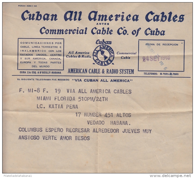 TELEG-22 CUBA. ALL AMERICA CABLE. TELEGRAPH. TELEGRAMA. TELEGRAM. 1946. CON CONTENIDO. TIPO XVI. - Telegrafo