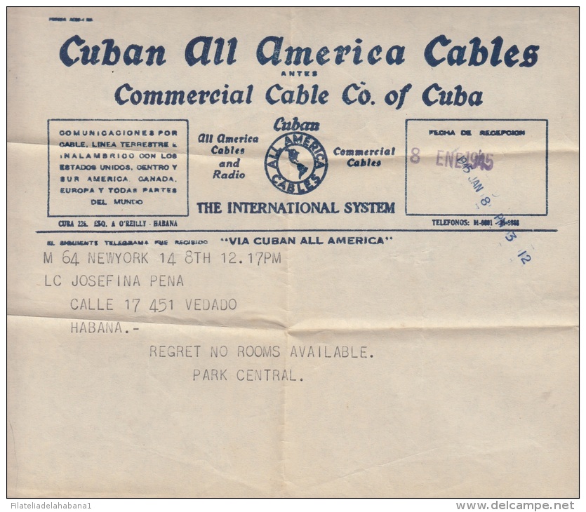 TELEG-25 CUBA. ALL AMERICA CABLE. TELEGRAPH. TELEGRAMA. TELEGRAM. 1945. CON CONTENIDO. TIPO XVI. - Telegraafzegels