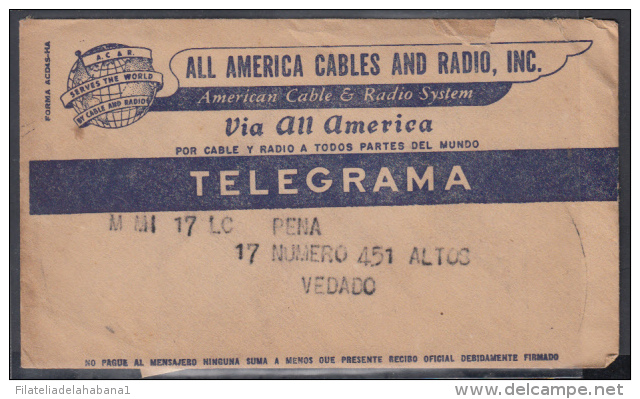 TELEG-28 CUBA. ALL AMERICA CABLE. TELEGRAPH. TELEGRAMA. TELEGRAM. 1949. CON CONTENIDO. TIPO XIX. - Telegrafo