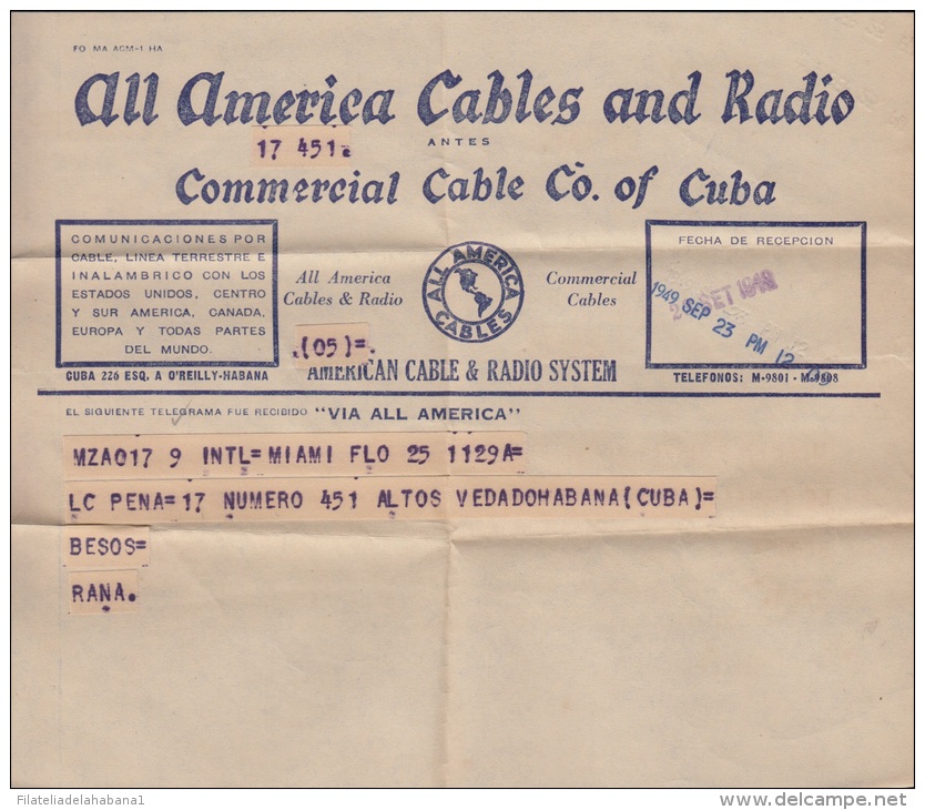 TELEG-28 CUBA. ALL AMERICA CABLE. TELEGRAPH. TELEGRAMA. TELEGRAM. 1949. CON CONTENIDO. TIPO XIX. - Telegrafo