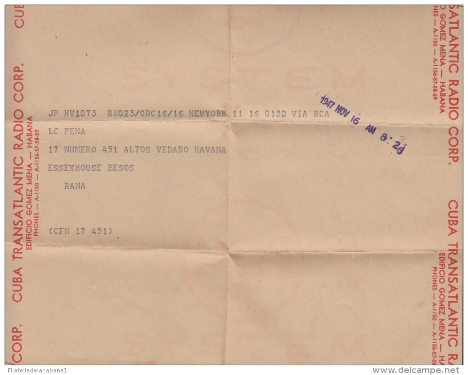 TELEG-30 CUBA TRANSATLANTIC RADIO Co. RADIOTELEGRAMA. TELEGRAPH. TELEGRAM. 1947. CON CONTENIDO. TIPO XXI. - Telegraphenmarken