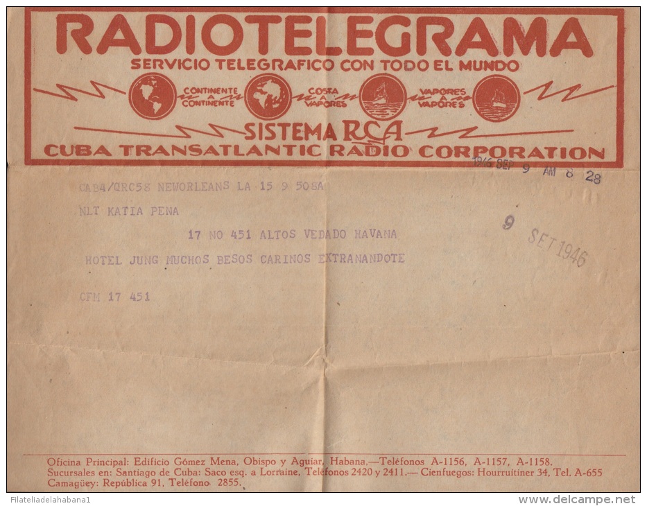 TELEG-32 CUBA TRANSATLANTIC RADIO Co. RADIOTELEGRAMA. TELEGRAPH. TELEGRAM. 1946. CON CONTENIDO. TIPO XXI. - Telegrafo