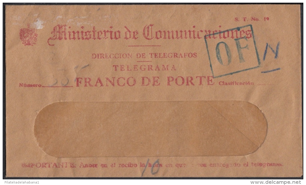 TELEG-34 CUBA. TELEGRAFO DE ESTADO. TELEGRAPH. SOBRE DE TELEGRAMA OFICIAL. TELEGRAM. CIRCA 1950. TIPO XXII. - Telegraphenmarken