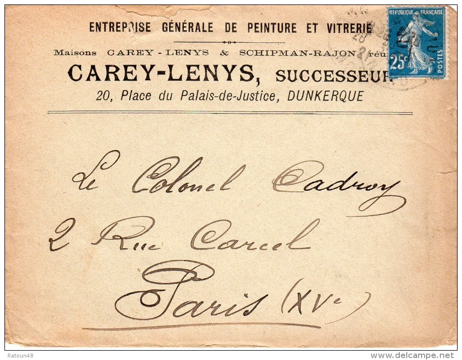 Lettre à Entête - Carey-Lenys Successeur -Entreprise Générale Peinture   -à  DUNKERQUE   Du 11.01.1922 - Otros & Sin Clasificación