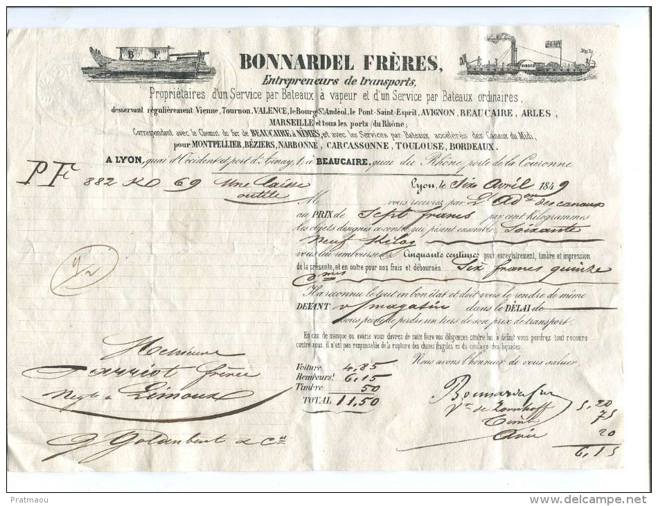 FCT6 Rhone Lyon Lettre De Voiture 1849 Bonnardel Frères Propriétaires Service Bateaux - 1800 – 1899