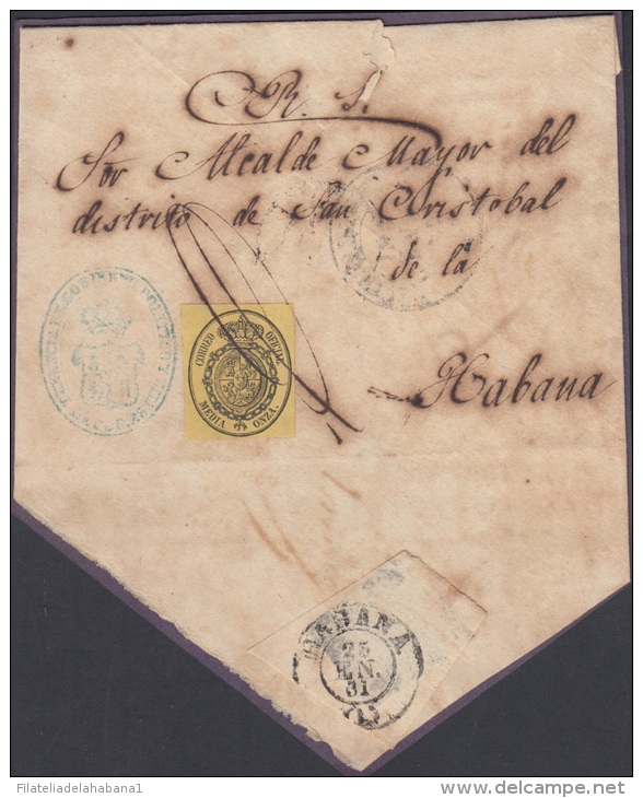 1858-H-84 CUBA ESPAÑA SPAIN. ANTILLAS. ISABEL II. 1858. Ed.6. &frac12; Oz. CARTA CORREO OFICIAL. MARCA BAEZA BAHIA HONDA - Voorfilatelie