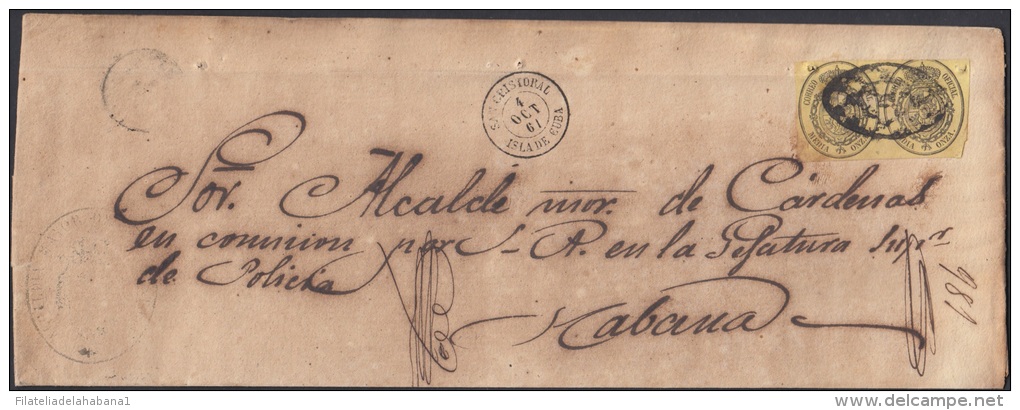 1858-H-86 CUBA ESPAÑA SPAIN. ANTILLAS. ISABEL II. 1858. Ed.6. &frac12; Oz PAREJA. CARTA CORREO OFICIAL. MARCA SAN CRISTO - Prefilatelia